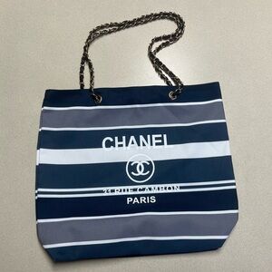 New CHANEl Canvas Blue and White Striped Tote